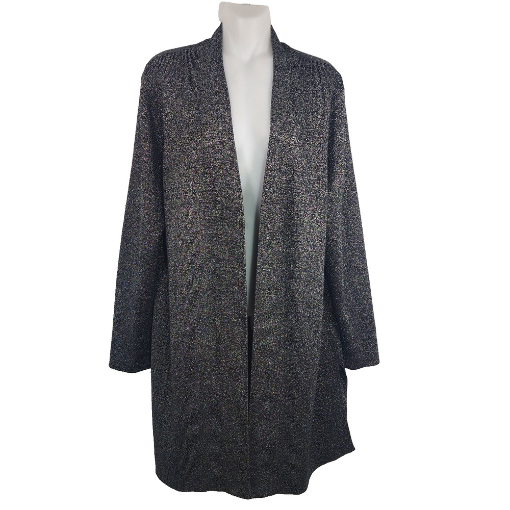 Susan Graver Womens Metallic Long Duster Cardigan Large Open Front Black A107336